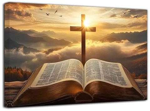 ZXHYWYM Christliche Bilder Jesus Bibel und Kreuz Gemälde Sonnenaufgang Landschaft Leinwanddrucke Religiöser Geist Schrift Poster Wohnzimmer Büro Dekor ((60L x 90B cm))