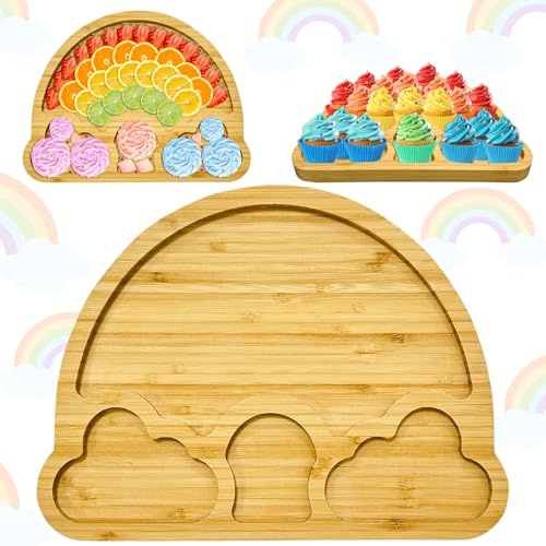 Rainbow Charcuterie Board Wooden Baby Kids Birthday Party Deorations Rainbow Theme Baby Shower Party Supplies Cute Food Tray Wood Serving Platter Fillable Serving Board for Food Fruit