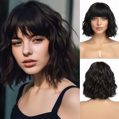 XFSRG Kurze Gewellte Bob Perücke mit Pony Damen Synthetische Gewöhnliche Flache Pony Bob Perücke für Frauen für Tägliche Party Cosplay 35 cm (Schwarz)