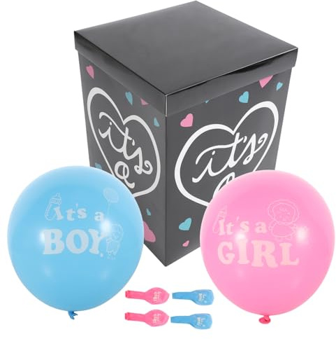FRCOLOR Caja Para Revelación De Género Del Ñiño Globos Azul y Rosa, Tamaño 30x30x40 Cm, Papel y Plástico, Para Baby Shower y Cumpleaños, Decoración Infantil, Set 3 Globos De Cada Color