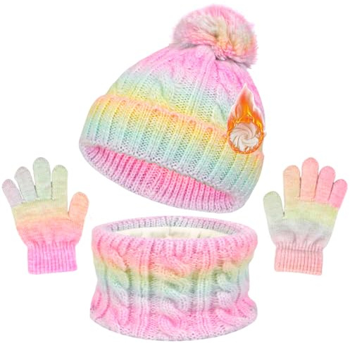 YAQUEKOU Kinder Wintermütze Schal Handschuhe Set Warme Strickmütze mit Fleece Gefüttert für Mädchen Jungen 5-12 Jahre, Winter Beanie Hut Handschuhe Set Bekleidung