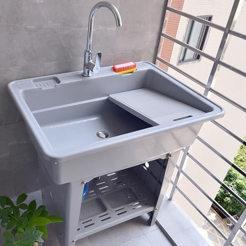 Portable Outdoor Kitchen Sink Unit - Free Standing Hand Wash Station with Hot/Cold Faucet Washboard Utility Laundry Tub for Camping Garden Backyard Garage - Commercial Use (Coffee Color 80x58)