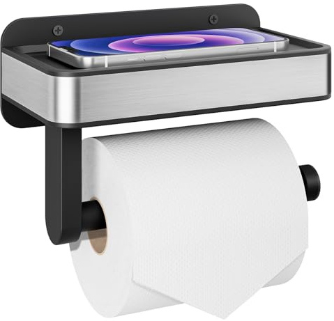 Kitsure Toilettenpapierhalter ohne Bohren – geeignet für extra große Toilettenpapierrollen, Klopapierhalter mit Ablage für Bad, Wohnmobil, Schwarz, 18.1 cm W