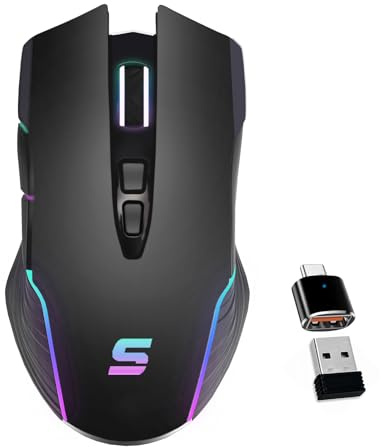 Suteke Wireless USB C Mouse with Jiggler for Computer Mac Laptop, LED Wireless Rechargeable Mouse for MacBook Air Pro/iMac Desktop with Type C Adapter, Ergonomic, 5 Adjustable 3200 DPI, 7-Color LED