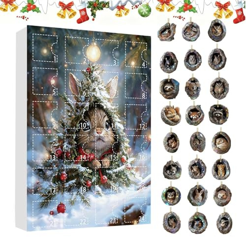 Calendrier de l'Avent Animal | 24 Jours Acrylique 2D Arbre À Trous Calendrier De L Avent Décoration,Charme Pour Rétroviseur Animal | Pour Sac À Dos Fenêtre Balcon Porte Garçons Filles Arbre De Noël