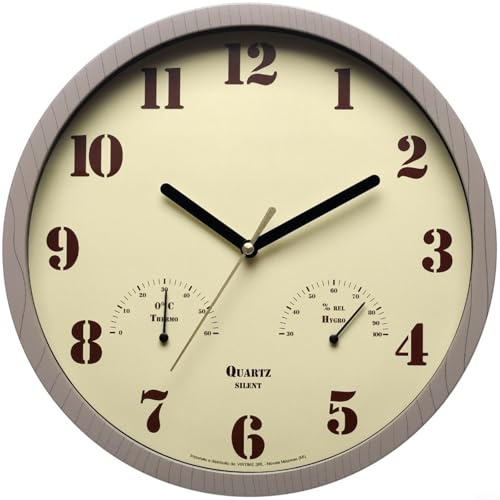 HEIBTENY Orologio da parete da 25,4 cm, impermeabile, silenzioso, senza ticchettio, al quarzo, con termometro e igrometro, cornice marrone rustica, per patio, giardino, cucina (grigio)