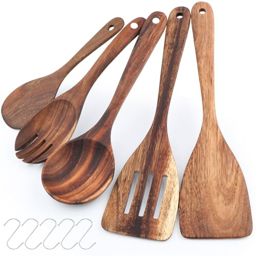 SneiDr Set d'ustensiles de cuisine en bois d'Acacia 5 pcs Lot de Cuillères en Bois avec Spatule Louche Cuillère à Riz Ustensiles à Salade Compatible Antiadhésif inclus 5 Crochets pour Cuisine Maison
