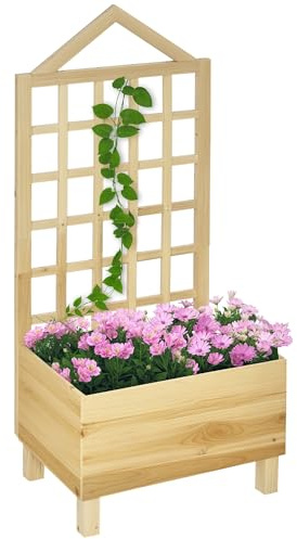 Outsunny Holzpflanzkübel mit Spalier für Kletterpflanzen, Hochbeete für Garten und Terrasse, Pflanzkübel für Gemüse, Blumen und Kräuter, im Used-Look in natürlichen Farbtönen
