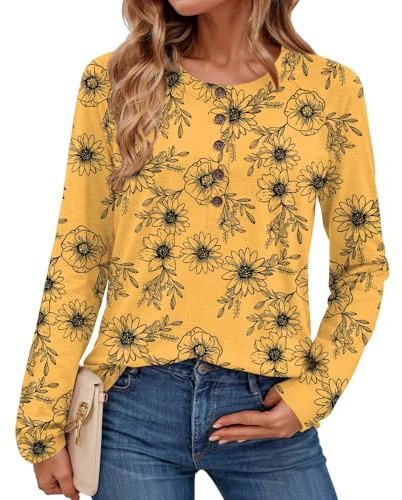 Womens Crew Neck Print Pullover T Shirts Lightweight Casual Loose Fit Blouse Long Sleeve Button Front Tops Shirts