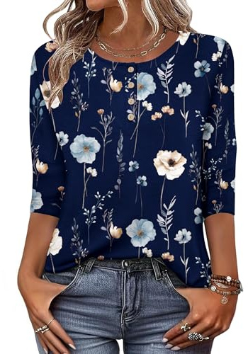 Zeagoo Blouses for Women 3/4 Sleeve Tops Henley Floral Blouse