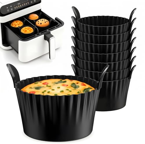 8 Pack Air Fryer Egg Poacher with Handles, Reusable Non-Stick Silicone Muffin Cases for Airfryer, Food-Grade Silicone Egg Bite Moulds Ramekins for Air Fryer, Oven, Microwave and Dishwasher, Black