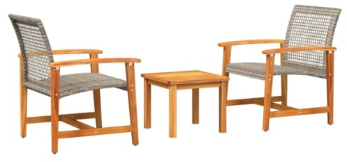 KKgypkn 3-TLG. Bistro-Set grau aus Poly Rattan und Akazienholz mit Rückenlehne und Armlehnen für Garten, Balkon oder Terrasse