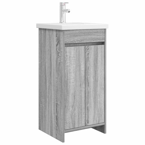 ULUYYUC Armoire de salle de bain avec lavabo et robinet, gris sonoma, 42 cm | Lavabo compact avec meuble bas pour la petite salle de bain ou WC d'invités, robinet inclus.