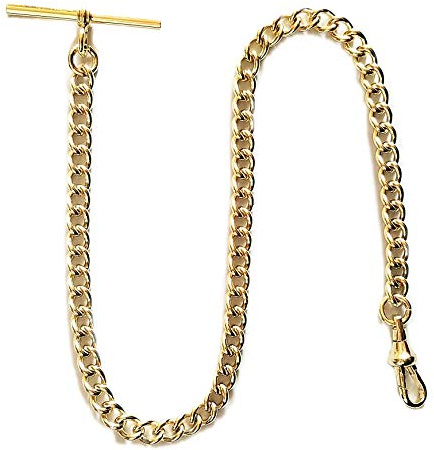 Dueber Yellow Gold Plated Stainless Steel Pocket Watch Albert Chain with T Bar