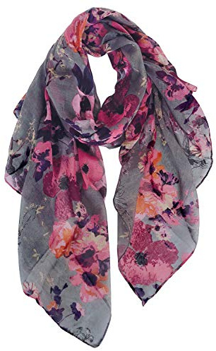 GERINLY Lightweight Scarves Fashion Flowers Print Shawl Wrap for Women Summer Floral Accessory Outfit (Purple Gray)