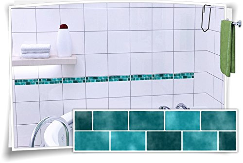 Medianlux Fliesenaufkleber Fliesenbordüre Bordüre Mosaik Türkis Kachel Aufkleber FB2, 8 Stück, 25x6,5cm (BxH)