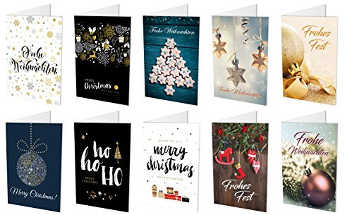 Deqosy 20 hochwertige Weihnachtskarten (10 unterschiedliche Motive, jeweils 2 Klappkarten) + 20 hochwertige, haftklebende Umschläge, Frohe Weihnachten, Frohes Fest, Merry Christmas