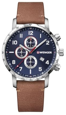 WENGER Herren Armbanduhr Attitude Chronograph Ø 44mm, Swiss Made, Analog Quarz, Wasserdicht bis 100m, Leder-Armband