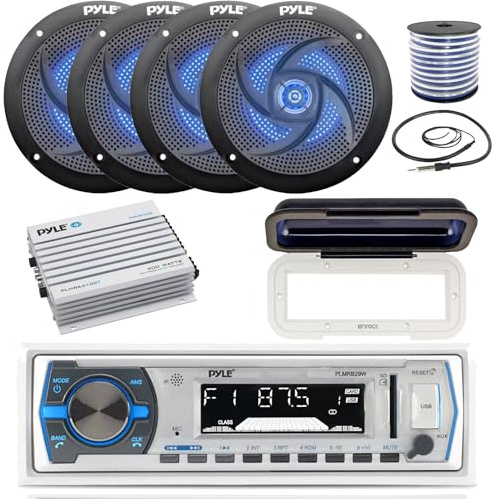 Pyle In-Dash Marine Boat AM/FM USB AUX-radio, huvudenhet, mottagarpaket, kombo med 10 x 10 cm full räckvidd 2-vägs 100 W stereohögtalare, 4-kanals vattentät förstärkare, radioskärm, högtalarkabel