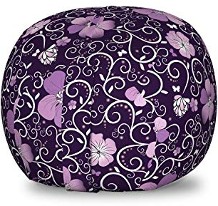 Ambesonne Floral Storage Toy Bag Chair, Butterfly Silhouettes with Plant Flower Patterned Design Swirls Curves, Stuffed Animal Organizer Washable Bag, Small Size, Lilac Dark Purple White