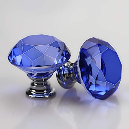 2 PCS Crystal Glass Door Knobs 30mm Diamond Drawer Knobs Sparkle Cabinet Pull Handles with Screws Wardrobe Cupboard Decorating (Blue)