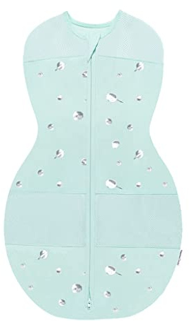 happiest baby Sleepea Pucksack 5-Sekunden-Wickeltuch, 100% Bio-Baumwolle, von Ärzten entworfen fördert gesunde Hüftentwicklung, verhindert versehentliches Kratzen des Gesichts (Planeten Türkis, L) | Bio-Baumwolle, atmungsaktiv, Hüftgesund, Arm-Out-Übergang, Zwei-Wege-Reißverschluss, Arzt-Design