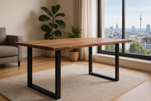 SAM Esstisch Laurina 240x100 cm Akazie Stone Baumkante U-Gestell schwarz