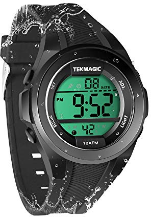 TEKMAGIC 10ATM wasserdichte Jungen Uhr zum Tauchen Schwimmen mit Stoppuhr, Chronograph, Alarmfunktionen, Dual Zeitzone, 12/24 Stunden Format, Schwarz , Armband