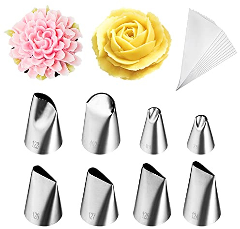 Kasmoire 8 Pcs Rose Flower Piping Tips Set,Petal Icing Tips with 10 Pcs Disposable Piping Bags for Cake Decorating