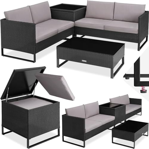 tectake® Salottino in Rattan Ostuni, Set da Giardino con 2 Sofà e 1 Tavolo con Lastra in Vetro, Box Contenitore, Cuscini Spessi, Telaio in Acciaio, Intreccio in Polyrattan - Nero