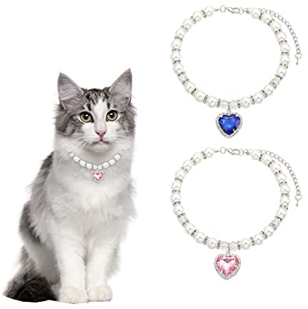 HACRAHO Hundehalsband, 2 Stück, glitzernde Strasssteine, Katzen-Hochzeitshalsband, verstellbare Perlen, Hundehalsband, mit Herzform, Diamant-Anhänger für Katzen, Hunde, Mädchen, Kostüm-Outfits