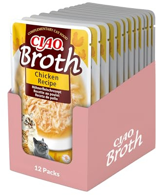 INABA CIAO kycklingbuljong, våt kattmat - hälsosam och välsmakande buljong med kycklingremsor - 12 påsar x 40 g - Kattmat utan konserveringsmedel eller konstgjorda färgämnen, Grain-Free