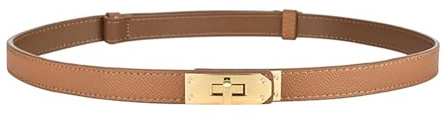 FENLDY Adjustable Thin Belts For Womens Skinny Belts For Dresses Womens Solid Color Alloy Turn Lock Belts For Jeans (Caramel color with gold buckle)