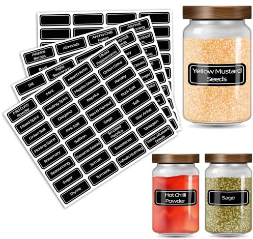 Spice Labels for Jars, Pre Printed Waterproof Self Adhesive Stickers for Kitchen Organization and Pantry Storage, Washable Reusable Tear-Proof Black Seasoning Sticker, 96 Pcs + 32 Free Blank Labels