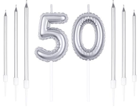 Silver 50-Candle Set, Long Birthday Candles for 50th, Party Decoration
