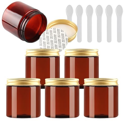 PQPAUTY 6 Stück Kleine 200 ml Braun Kunststoff Leere Cremedose Dose mit Gold Deckel 200 g Leerdose Schraubdose Blechdosen Kosmetische Behälter Tiegel, 6 Stück Spatel