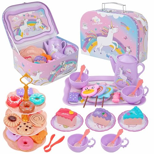 Teeservice Kinder Spielzeug, 42-teiliges Kinderküche Einhorn Teekanne & Dessert Set, Tee Party Prinzessin Rollenspiele Spielküche Zubehör, Tragekoffer Geschenk für Mädchen 3 4 5 6 Jahre