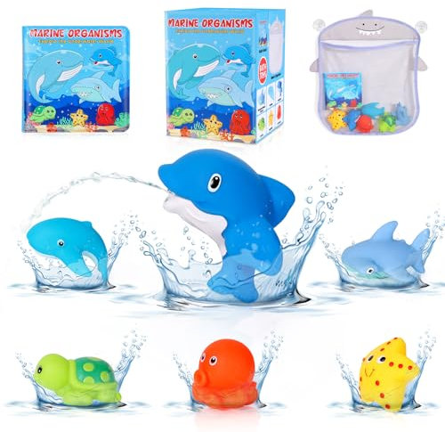 Orzbow Baby Bath Toys - Whale Shark Turtle Octopus Squirter Toys with Magic Bath Book and Net - Toddler & Kids Gifts