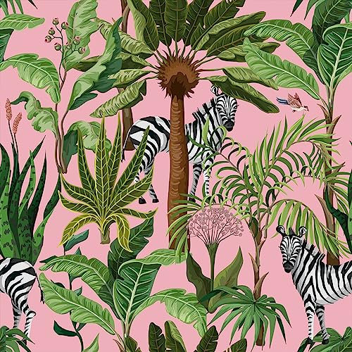VEELIKE Carta da Parati Foglie Giungla Zebra Carta Adesiva Fiori Rosa Tropicale Carta da Parati Foglie Palma Carta Adesiva per Mobili Fantasia Carta Parati Bambini Cameretta Bagno 44.5 cm × 300 cm