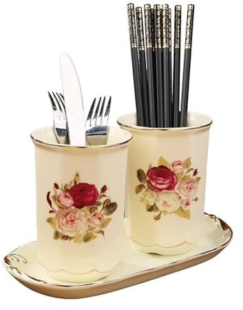 Porte-ustensiles Cuisine Caddie à argenterie de style cour européenne, porte-ustensiles en céramique à motifs de roses, porte-couverts exquis, organisateur de rangement de couverts for la décoration d