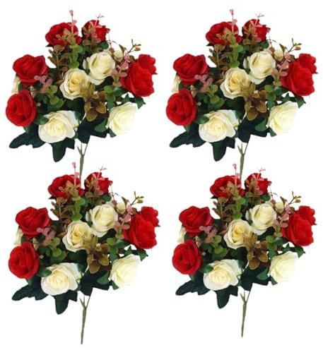 Cemetery Silk Roses - 4 Bunches Artificial Memorial Flowers With 12 Heads, 11.8'' Red Silk Blooms for Grave Vase Decor