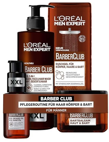 L'Oréal Men Expert Barber Club Advanced Pflegeset für Männer, Mit XXL Bartshampoo, Bartöl, Bartbalsam und Duschgel, Set für Herren mit holzigem Duft und ätherischem Zedernholzöl, Barber Club, 4-teilig
