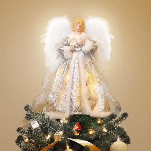Luxspire 30,5 cm große Weihnachtsbaumspitze, beleuchteter Weihnachtsengel Baumspitze, USB-Stecklichter mit Fernbedienung, beleuchtet, Vintage, moderner Weihnachtsbaumschmuck, Dekoration für Zuhause,