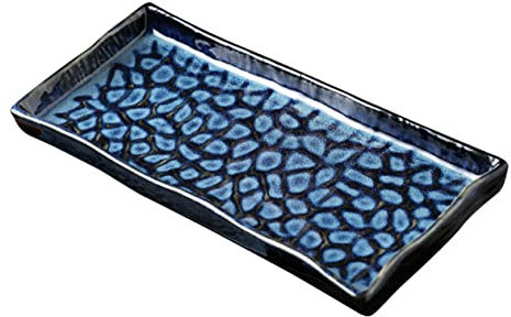 Amosfun Oblong Embossed Ceramic Sushi Plate Blue Japanese Tray Rectangular Serving Platter 12-Inch Pasta Plate Fruit Dish for Home Restaurant Hotel