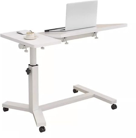 Beistelltisch mit Rollen Höhenverstellbar Künstliches Brett Nachttisch, Abnehmbare Laptop Tisch, Büro Sofa Beistelltisch, Desktop Kann Schwenkbar Sein, für Bett, Sofa(White,80x40x68cm)