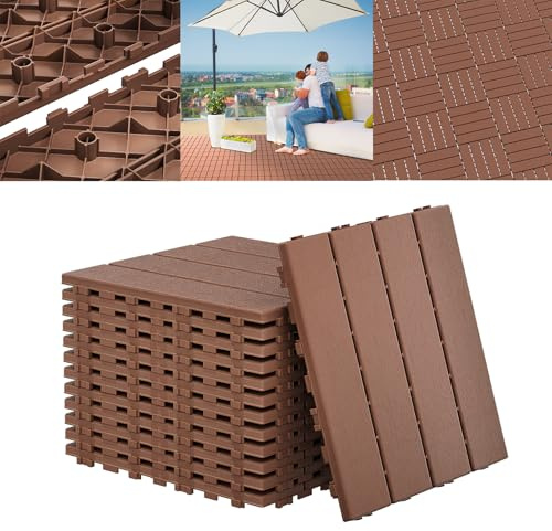 ACXIN PE Kunststoff Terrassenfliesen, 30x30 cm Holzoptik Balkonfliesen, Wetterfeste Bodenbeläge für Balkon, Klickfliesen terrasse Drainagefunktion & Rutschfeste Oberfläche(11 Stück=1㎡, Braun)