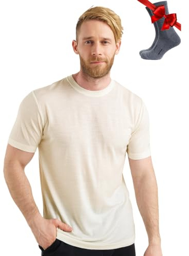 Merino.tech Merinos ull herr T-shirt - Merinoull kortärmad termisk tröja med strumpor, Krämig vit, L