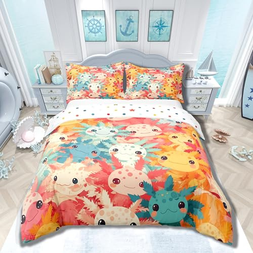 Loussiesd Kinder Nette Axolotl 100% Baumwolle Bettwäsche Set 135x200cm Bunte Karikatur Salamander Bettbezug für Jungen Mädchen Kawaii Axolotl Betten Ozean Bettwäsche-Set