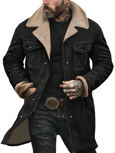 Men's Long Trench Coat Sherpa Fleece Lined Leather Jacket Winter Warm Padded Puffer Coat Brown Trench Jackets Classic Stylish Work Coats Long Overcoat Thick Thermal Outwear Windbreaker Multi Pockets