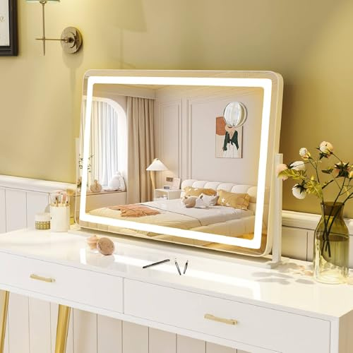 COSTWAY Hollywood Vanity Mirror with Lights, 3-Color Dimmable LED Lighted Tabletop Makeup Dressing Table Mirror with 360° Rotation, Smart Control Touch and 10X Magnify One, 80 x 55cm